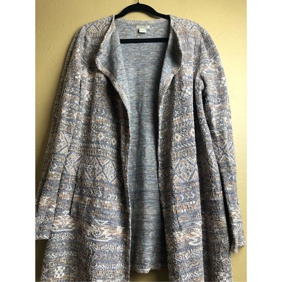 Lucky Brand Pastel Knit Cardigan Size L Aztec Print Long Sleeve Duster - Picture 1 of 14